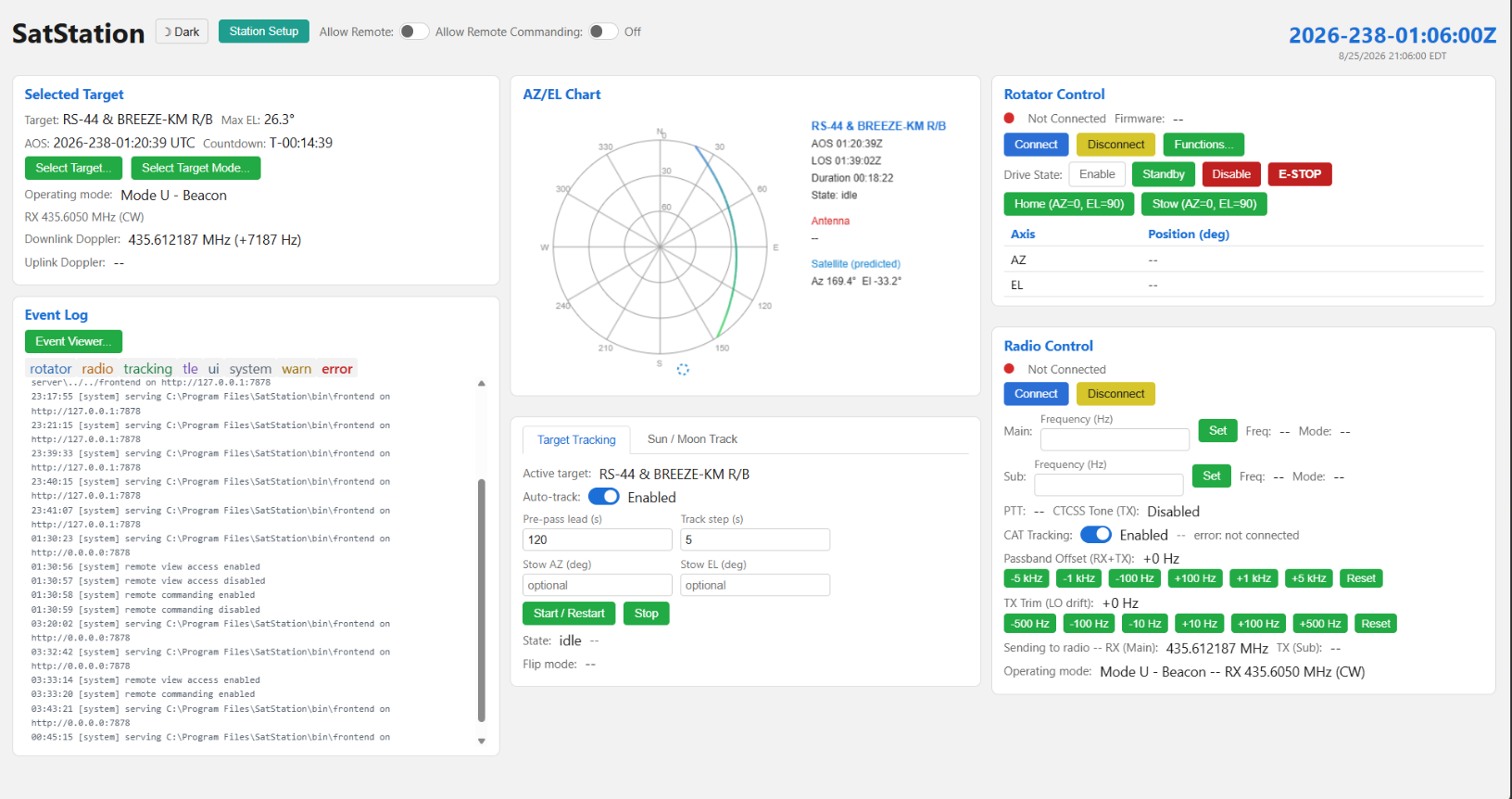 SatStation Operations window in light theme