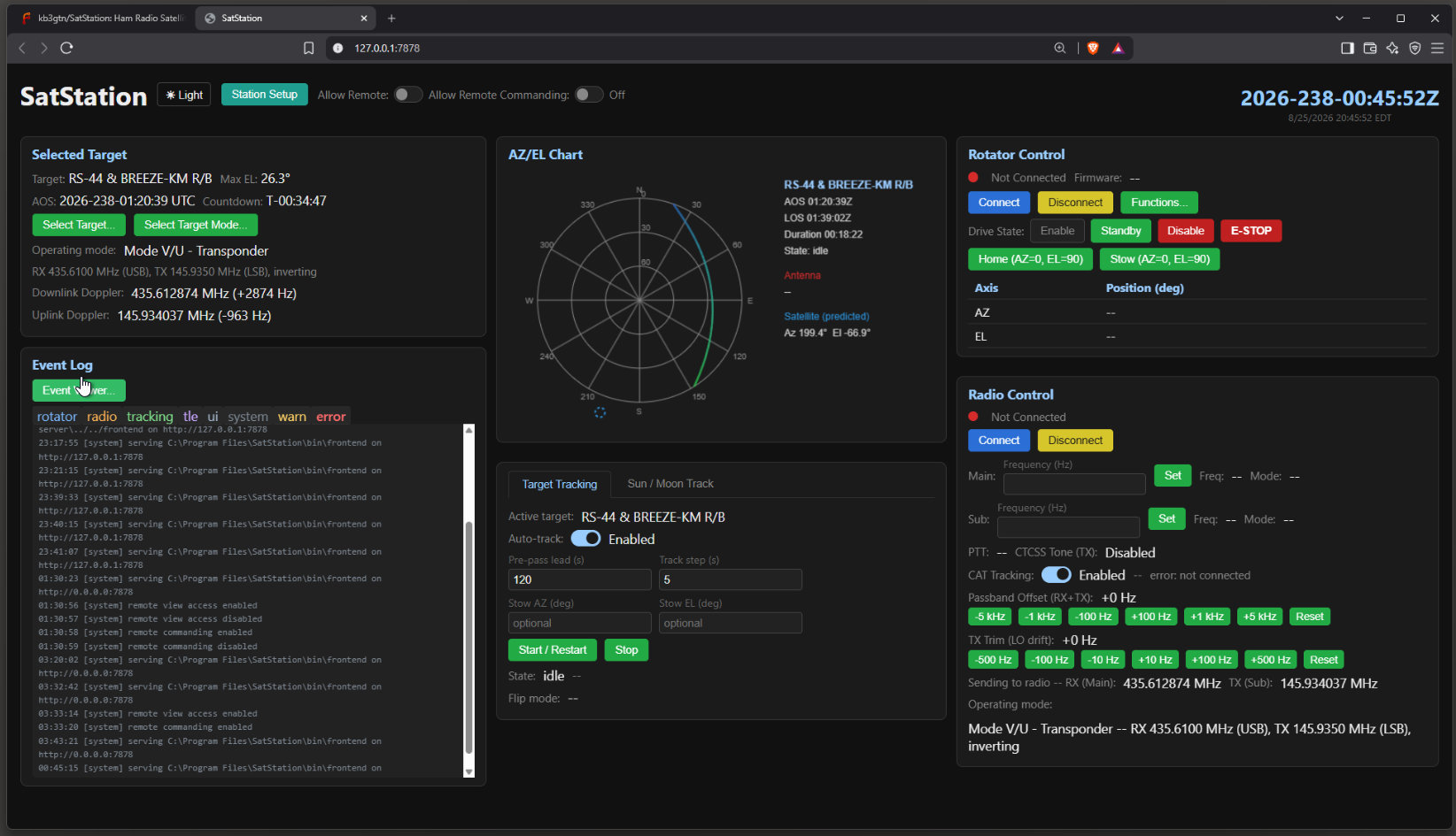SatStation Operations window showing target tracking, AZ/EL chart, rotator and radio control