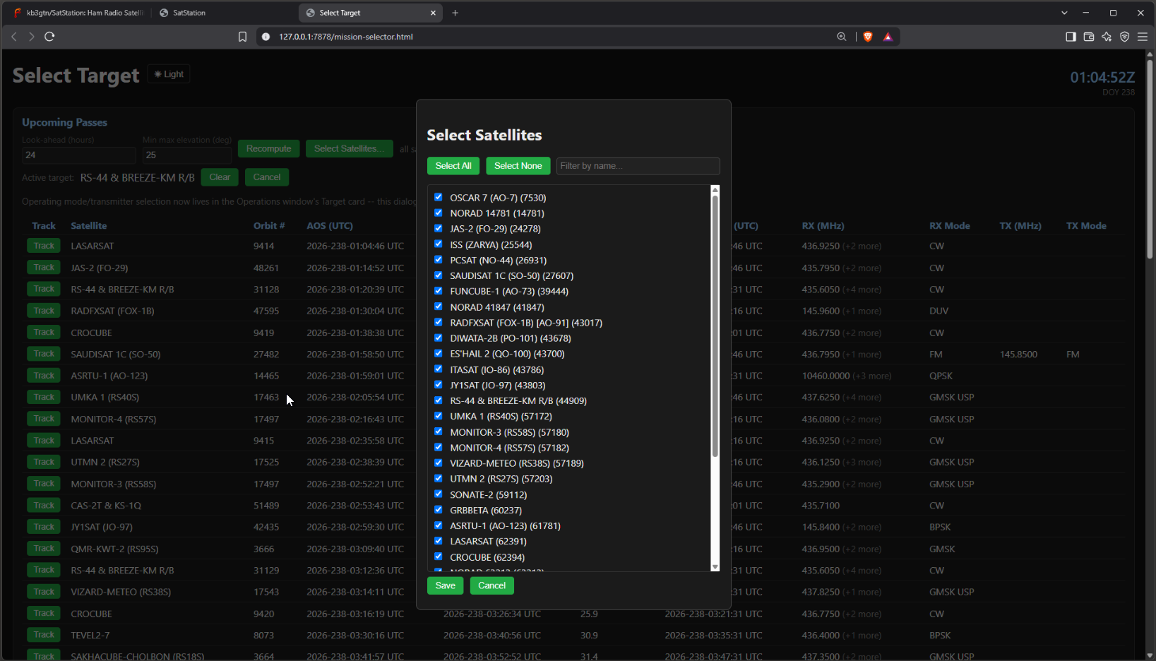 Select Target dialog listing upcoming passes with a satellite selection checklist
