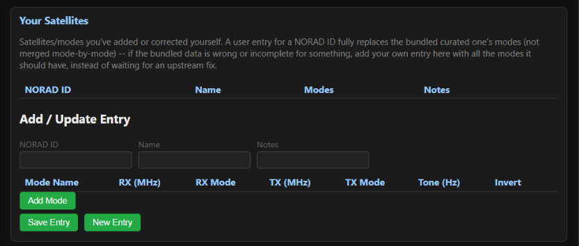 Your Satellites card for adding or correcting satellite and transmitter entries
